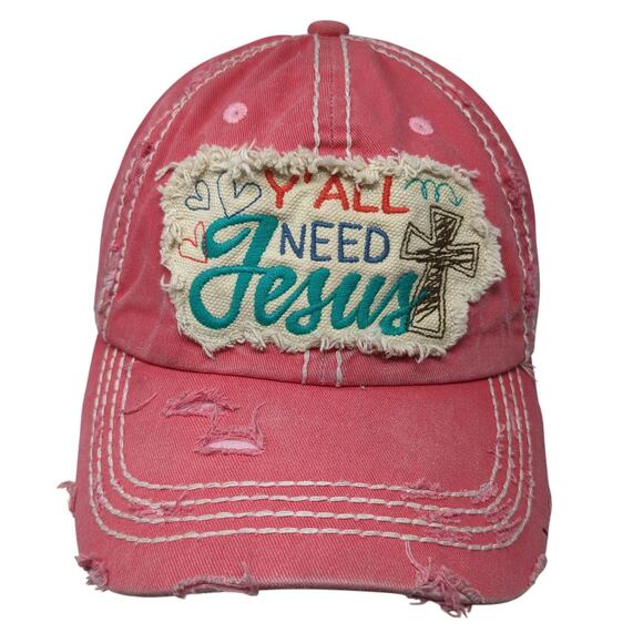 Y' All Need Jesus Baseball Cap Pink OS Adjustable Distressed KB ETHOS Vintage - Picture 1 of 10